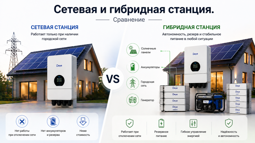 Чем отличается сетевая солнечная электростанция от гибридной?