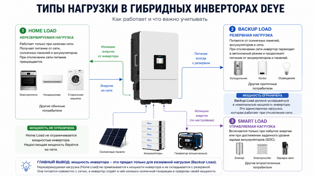 Какие типы нагрузок можно подключить к гибридным инверторам Deye?